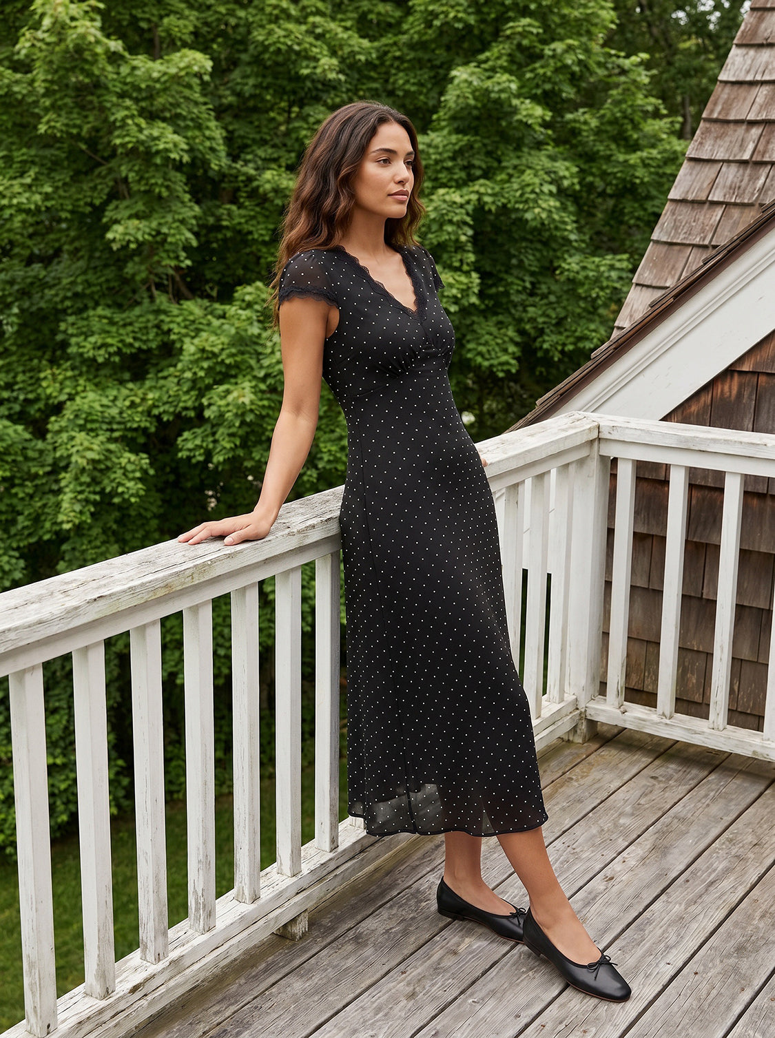 Black/White Dot Satin Midi Dress with Lace Trim - Woman Wearing Elegant Polka Dot Dress - Suzy Shier
