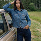 Dark Wash Drop Shoulder Denim Jacket - Woman Wearing Casual Sandblasted Jacket - Suzy Shier