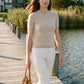 Porridge Melange Stripe Rib Knit Sweater - Woman Wearing Short Sleeve Crew Neck - Suzy Shier