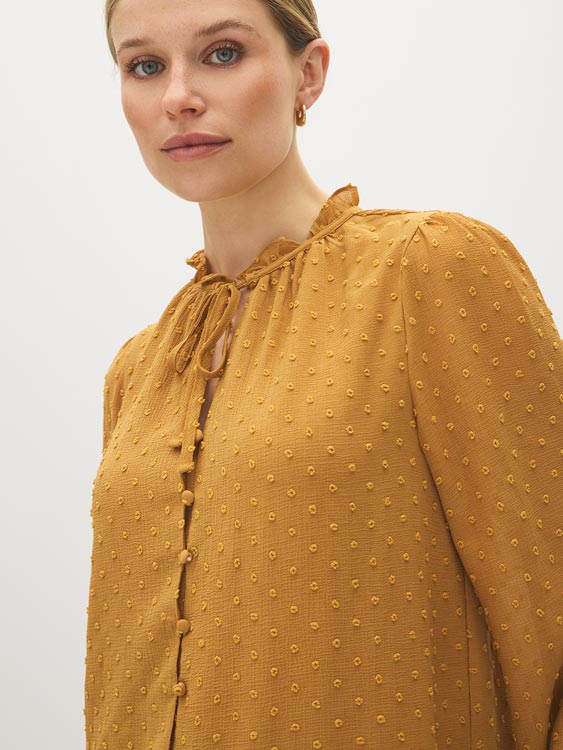 Wood Trush Swiss Dot Blouse with Peplum Hem - Close-up Fabric Detail - Suzy Shier