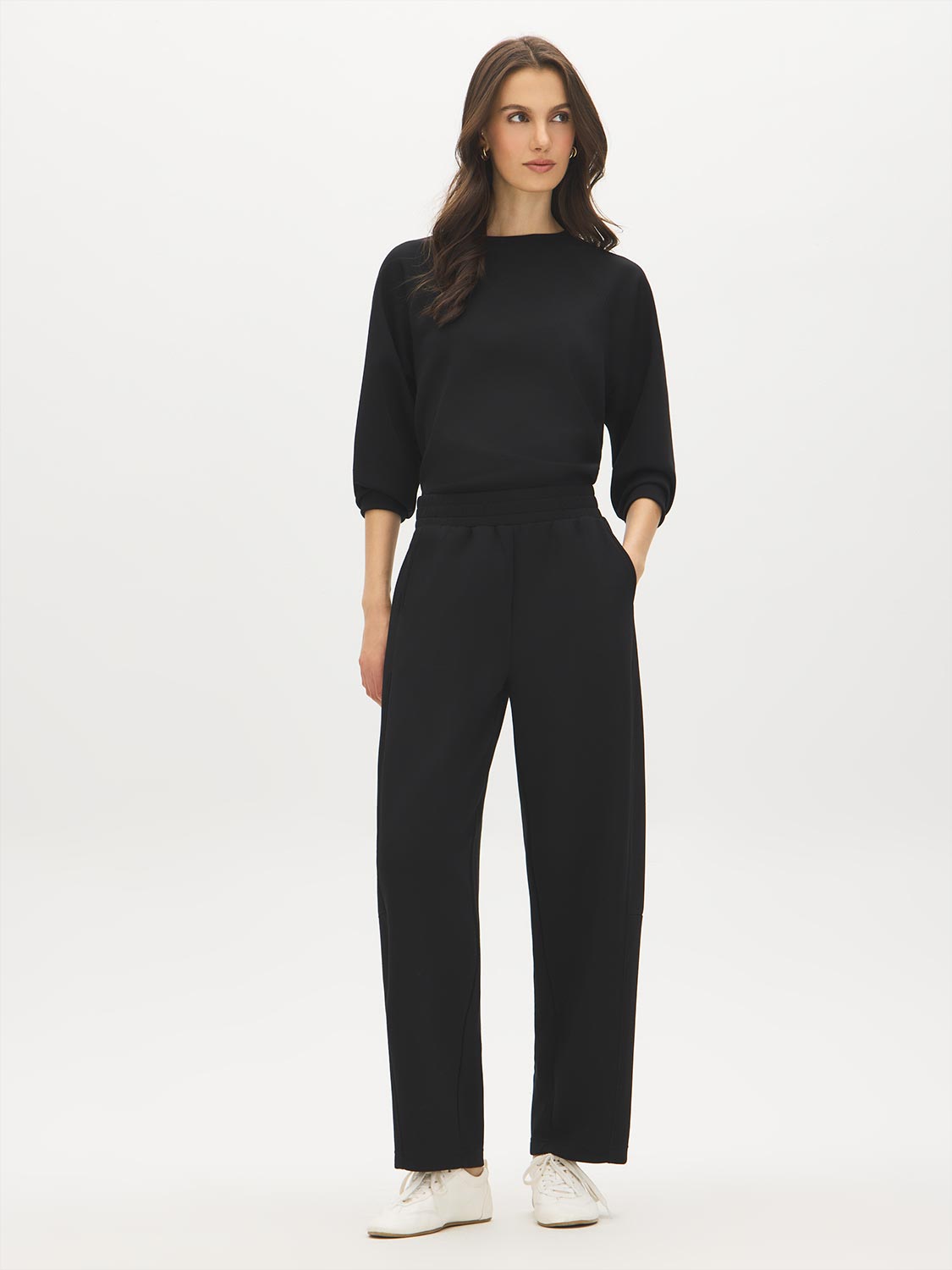 Black Barrel Leg Cloud Fleece Pants - Woman Wearing Comfortable Knit Trousers - Suzy Shier
