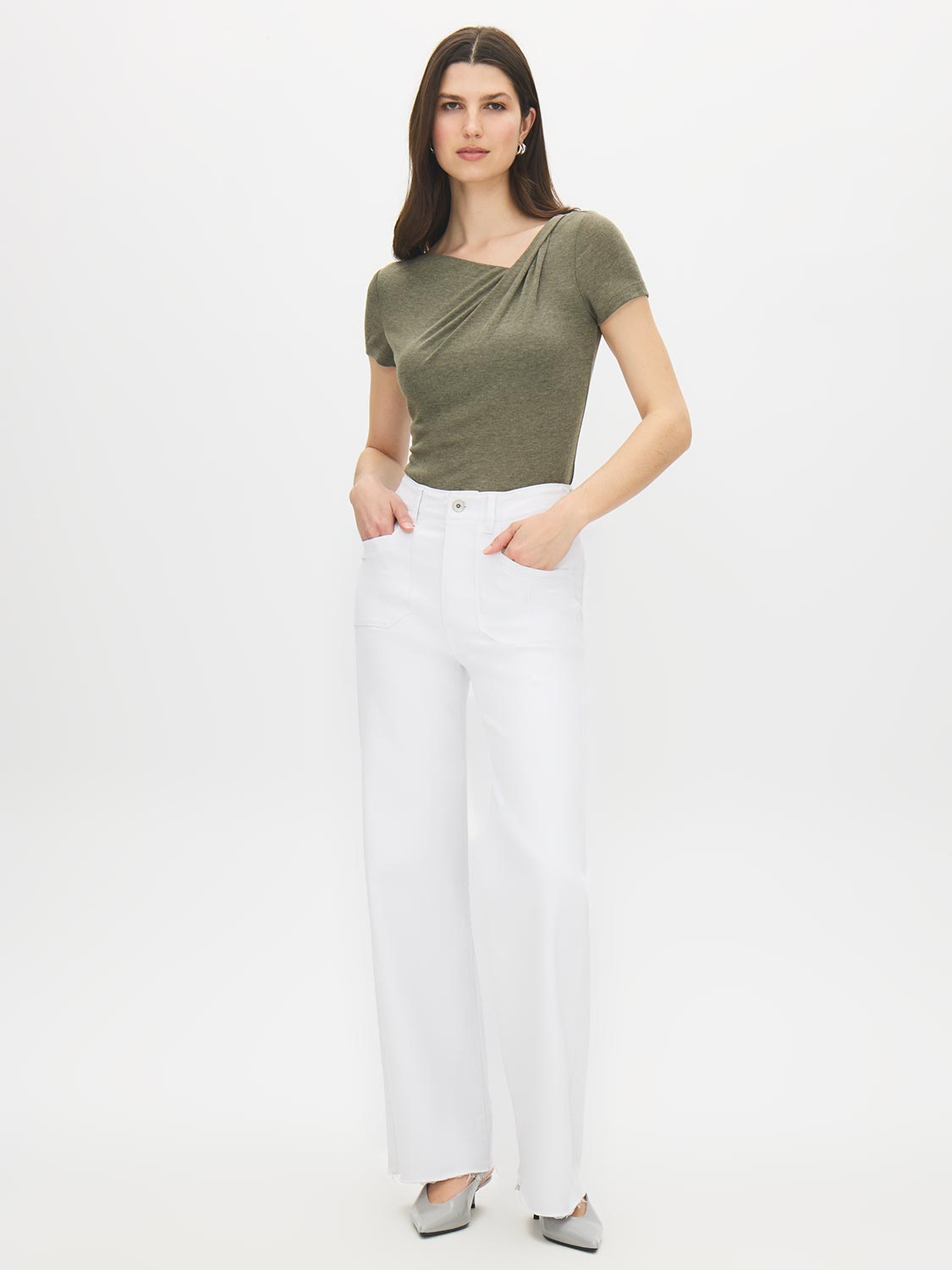 Kalamata Asymmetrical Neck Melange Top - Woman Wearing Short Sleeve Jersey Top - Suzy Shier