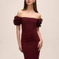 Bordeaux Off-Shoulder Knit Crepe Gown with Chiffon Rosette Sleeves - Front Close-up - Le Chateau