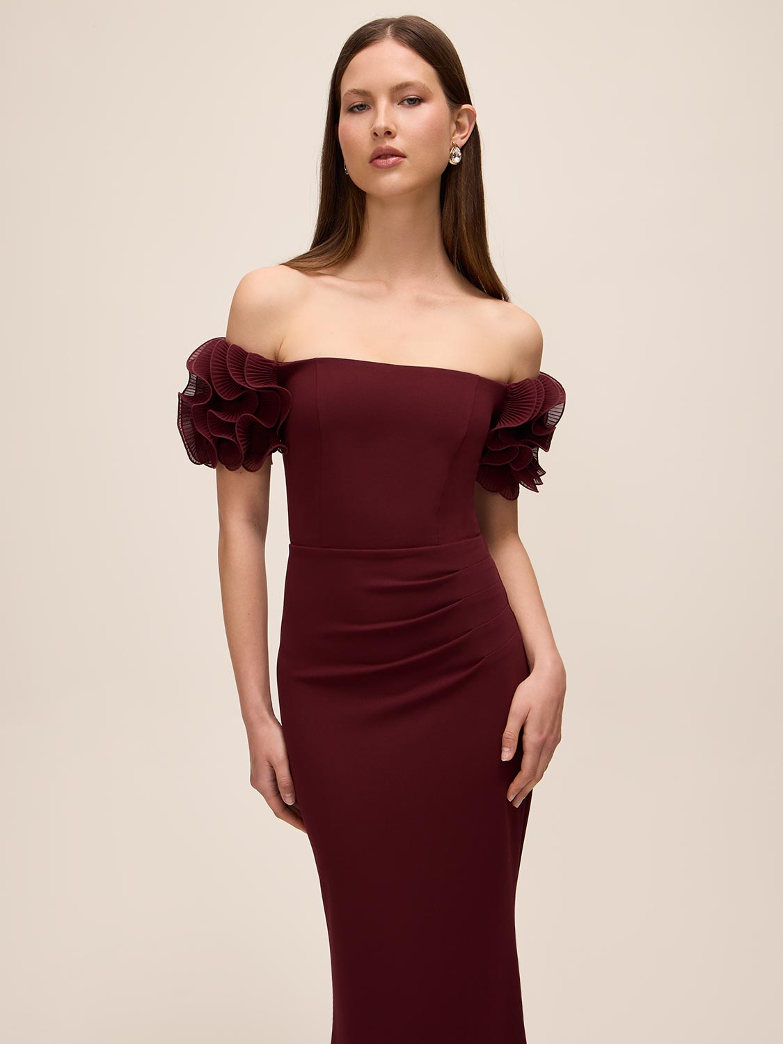 Bordeaux Off-Shoulder Knit Crepe Gown with Chiffon Rosette Sleeves - Front Close-up - Le Chateau