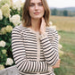 Beige/Navy Ruffle Detail Knit Cardigan - Woman Wearing Striped Cardigan with Ruffles - Suzy Shier