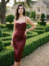 Bordeaux Cowl Neck Satin Dress - Woman Wearing Pleated Evening Dress - Le Chateau