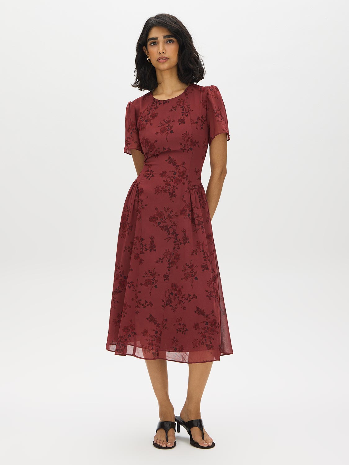 Apple Butter Floral Print Chiffon Dress - Woman Wearing Midi Length Dress - Suzy Shier