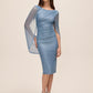 Steel Blue Boat Neck Sheath Dress with Back Cape - Woman Wearing Evening Dress with Side Ruching - Le Chateau