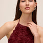 Bordeaux Halter Neck 3D Floral Mesh Dress - Close-up Fabric Detail - Le Chateau
