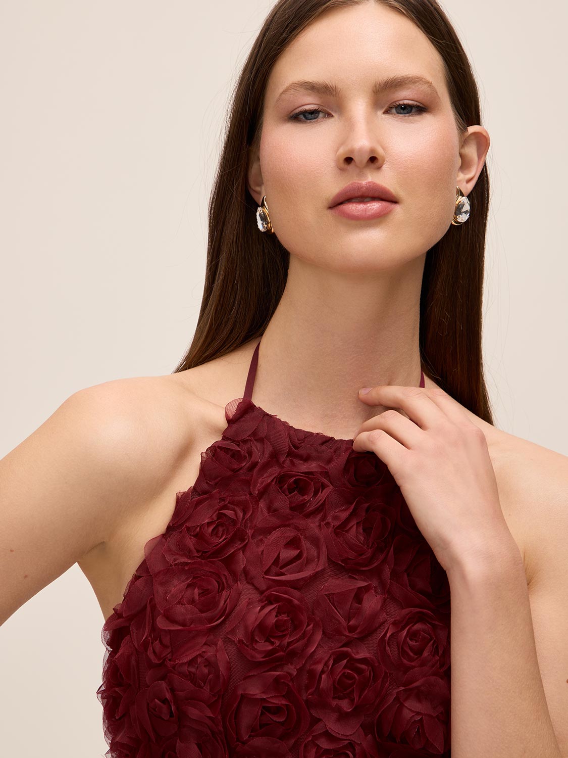 Bordeaux Halter Neck 3D Floral Mesh Dress - Close-up Fabric Detail - Le Chateau