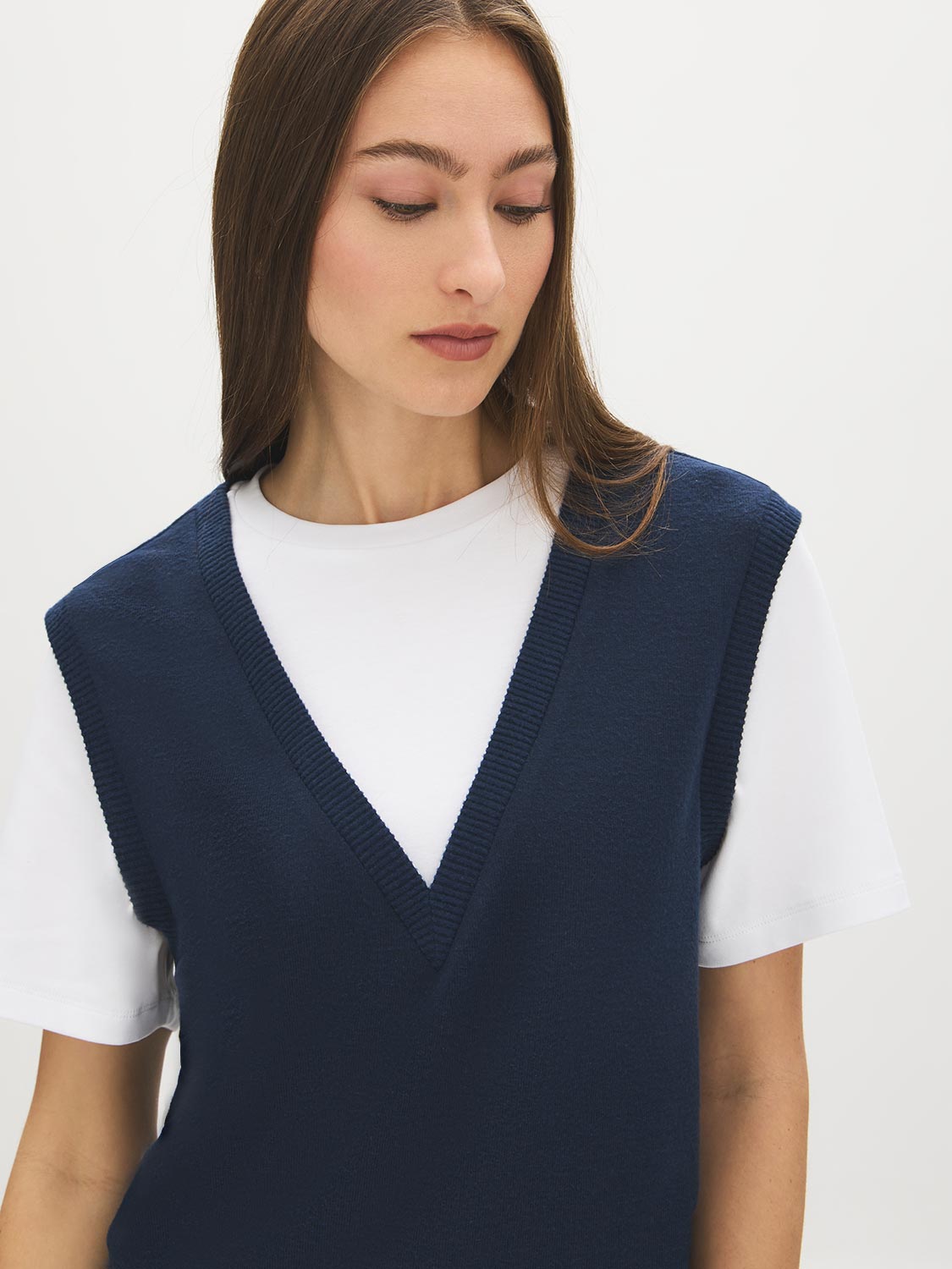 Navy Blazer Melange Crew Neck 2fer Top with V-Neck Vest - Close-up V-Neck Detail - Suzy Shier