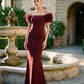 Bordeaux Off-Shoulder Knit Crepe Gown with Chiffon Rosette Sleeves - Woman Wearing Elegant Evening Dress - Le Chateau
