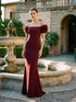 Bordeaux Off-Shoulder Knit Crepe Gown with Chiffon Rosette Sleeves - Woman Wearing Elegant Evening Dress - Le Chateau