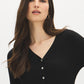 Black V-Neck Button Front Ribbed Cardigan - Close-up Front Detail - Suzy Shier