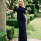 Dark Sapphire Knit Crepe Gown with Asymmetrical Neckline - Woman Wearing Evening Dress with Pleat Detail - Le Chateau