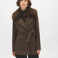 Dark Brown Melange Short Belted Faux Wool Coat - Woman Wearing Faux Fur Collar Coat - Suzy Shier