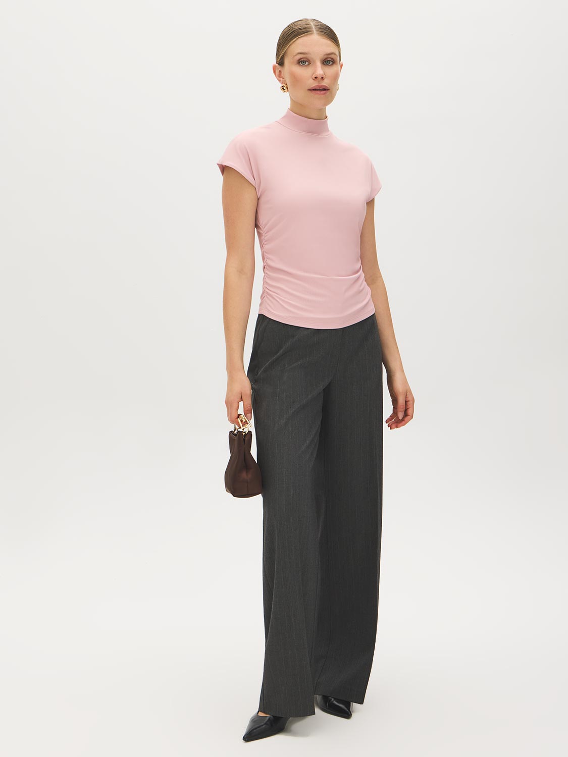 Zephyr Mock Neck Ribbed Top with Side Ruching - Front View - Suzy Shier
