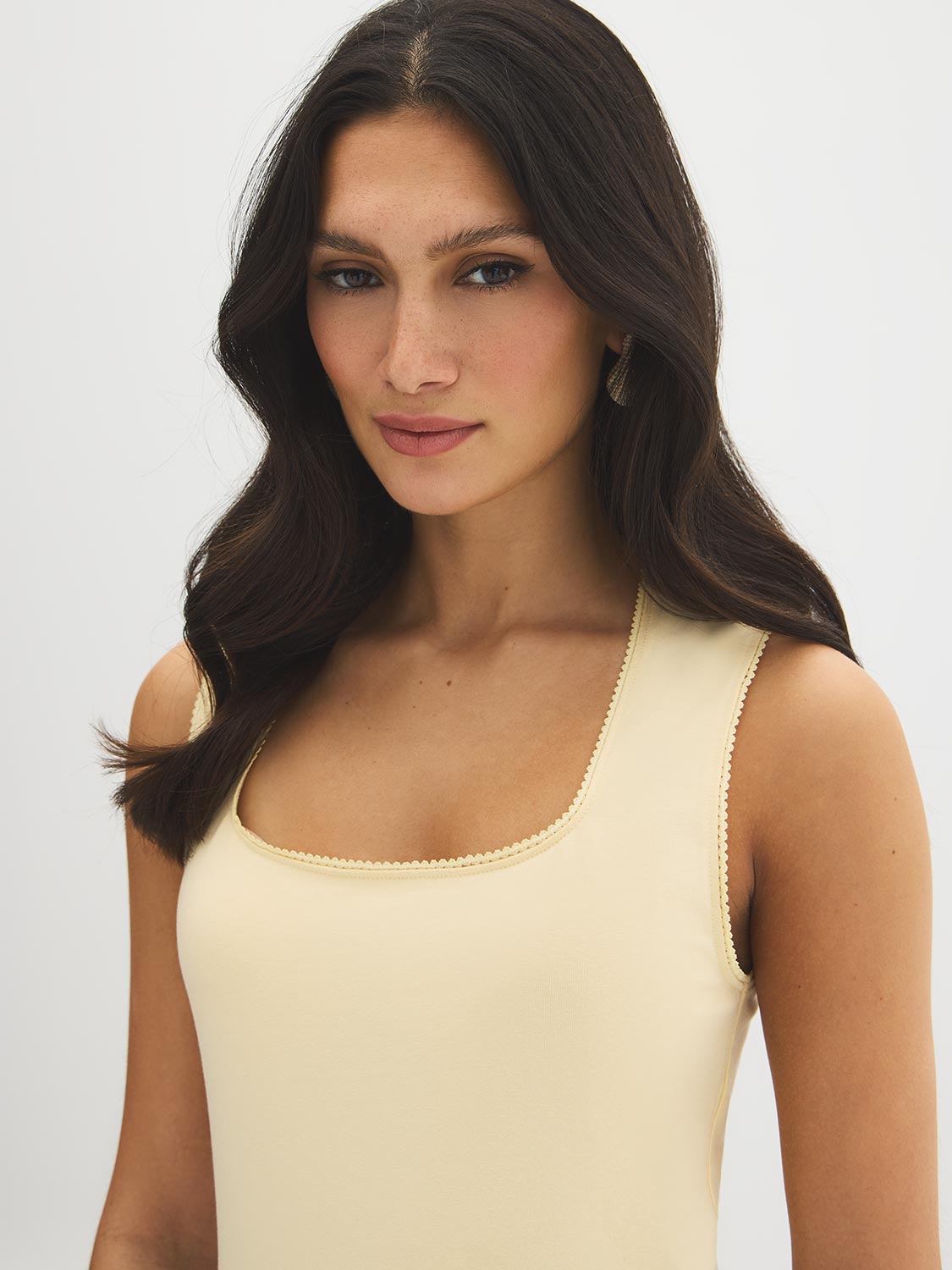 White Picot-Trimmed Square Neck Tank Top - Woman Wearing Jersey Tank - Suzy Shier