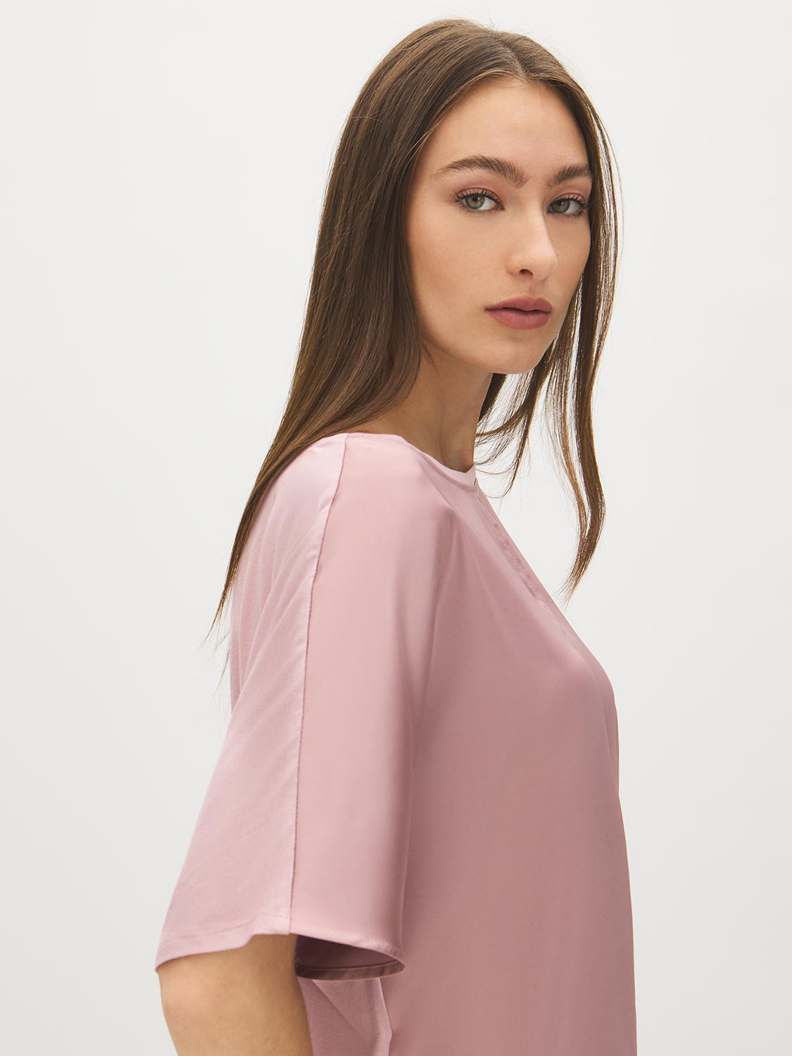 Zephyr Dolman Sleeve Satin Front Top with Keyhole - Side Profile View - Suzy Shier