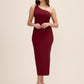 Brick One-Shoulder Knit Crepe Sheath Dress - Woman Wearing Fitted Dress with Metal Trim Detail - Le Chateau