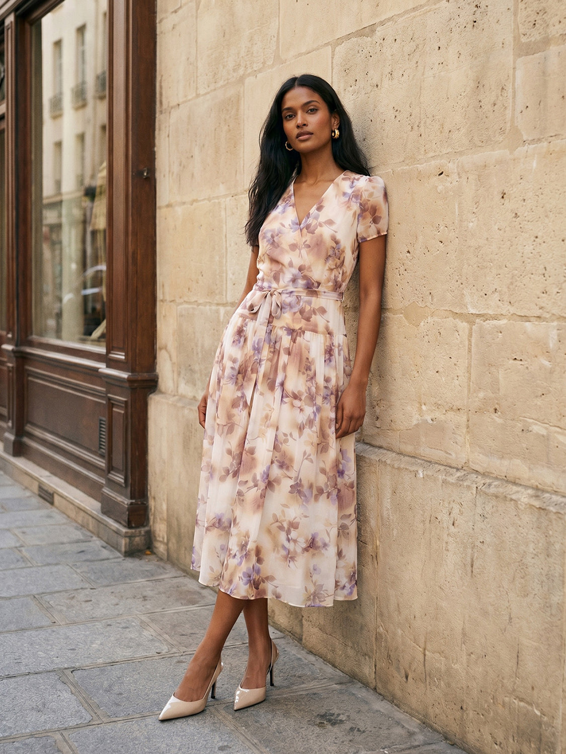Sand Floral Print Textured Chiffon Midi Dress - Back View - Suzy Shier