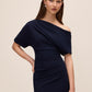 Dark Sapphire Knit Crepe Gown with Asymmetrical Neckline - Front View - Le Chateau