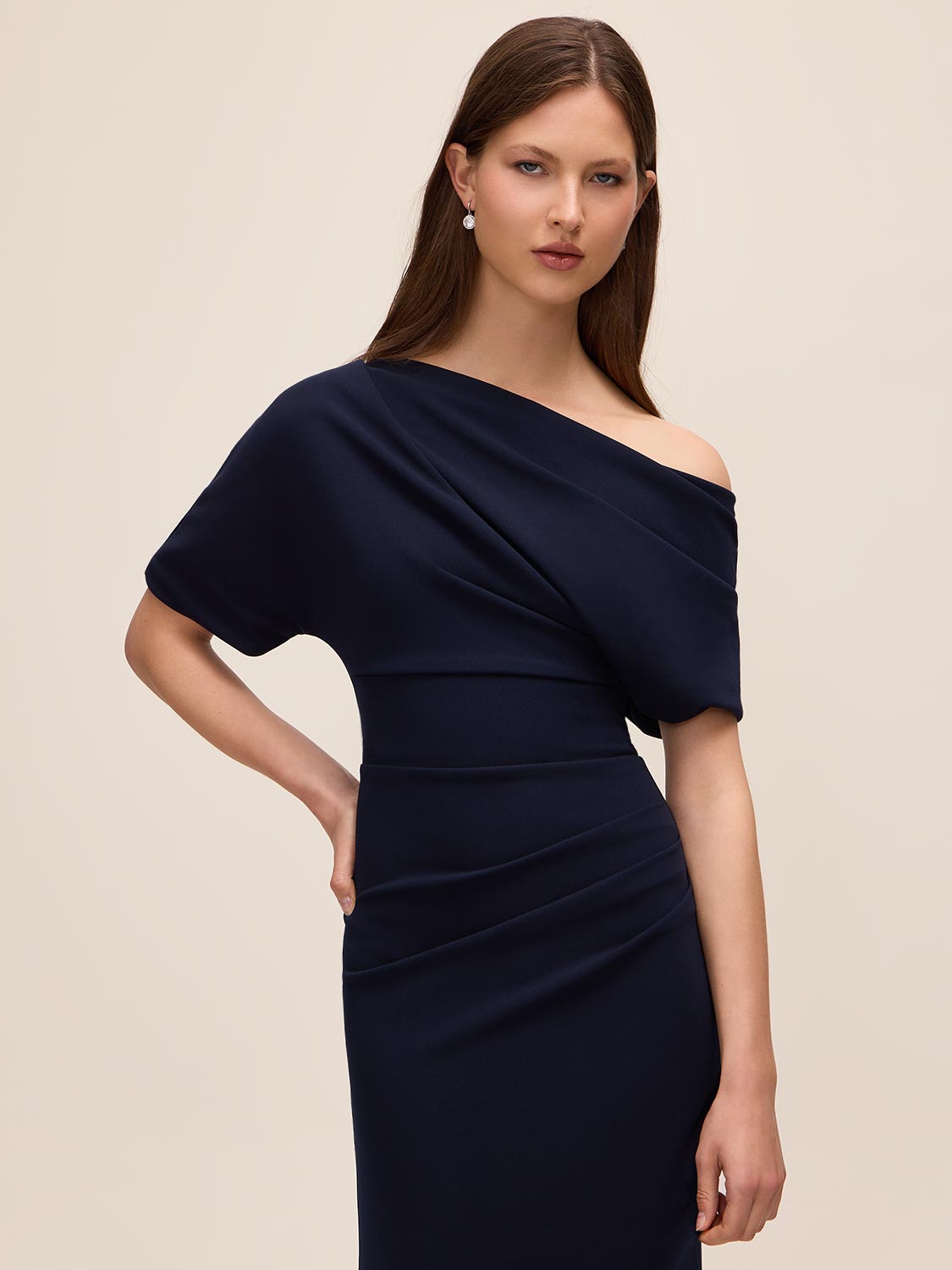 Dark Sapphire Knit Crepe Gown with Asymmetrical Neckline - Front View - Le Chateau