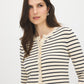 Beige/Navy Ruffle Detail Knit Cardigan - Close-up Front View - Suzy Shier