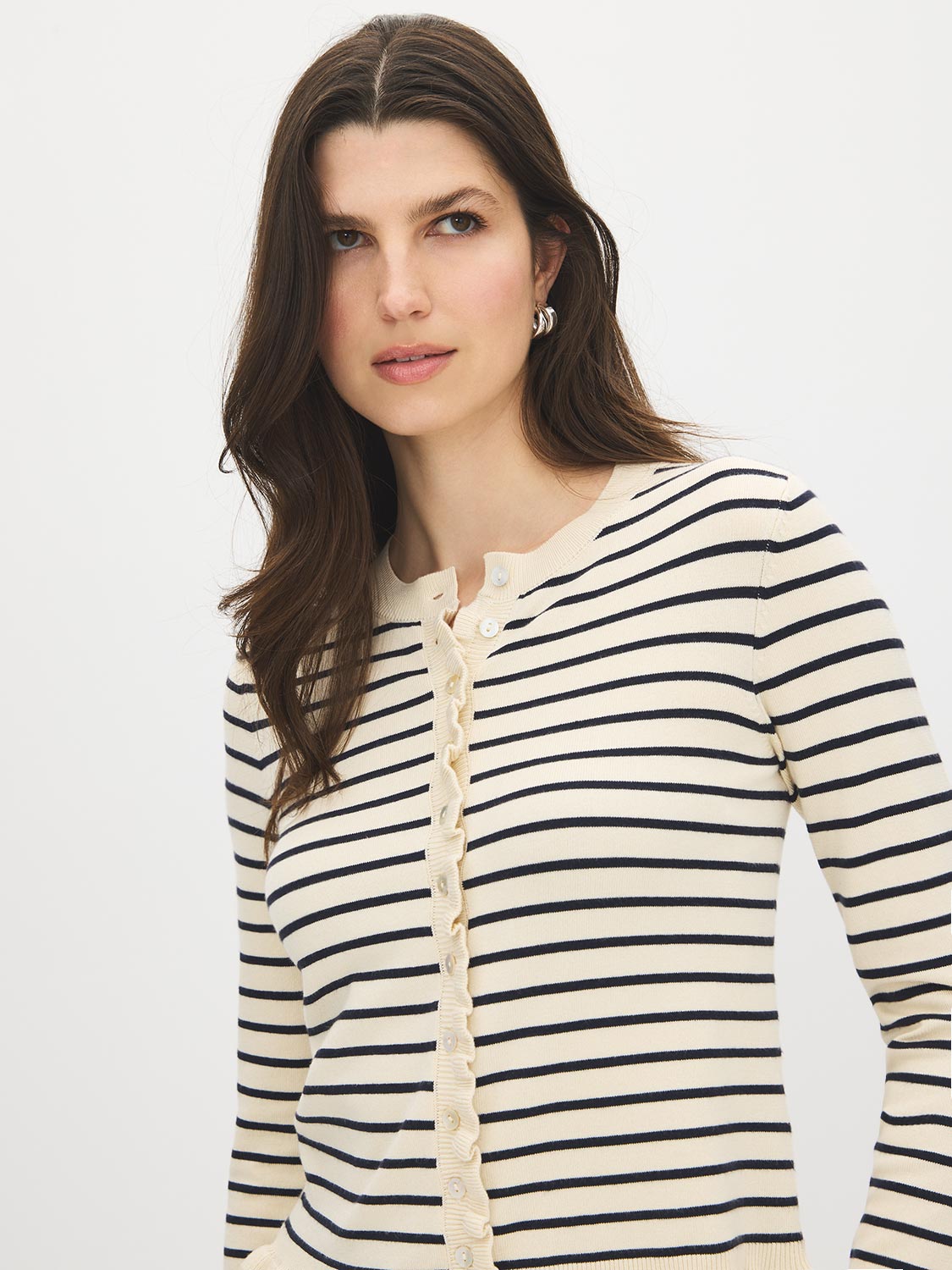 Beige/Navy Ruffle Detail Knit Cardigan - Close-up Front View - Suzy Shier