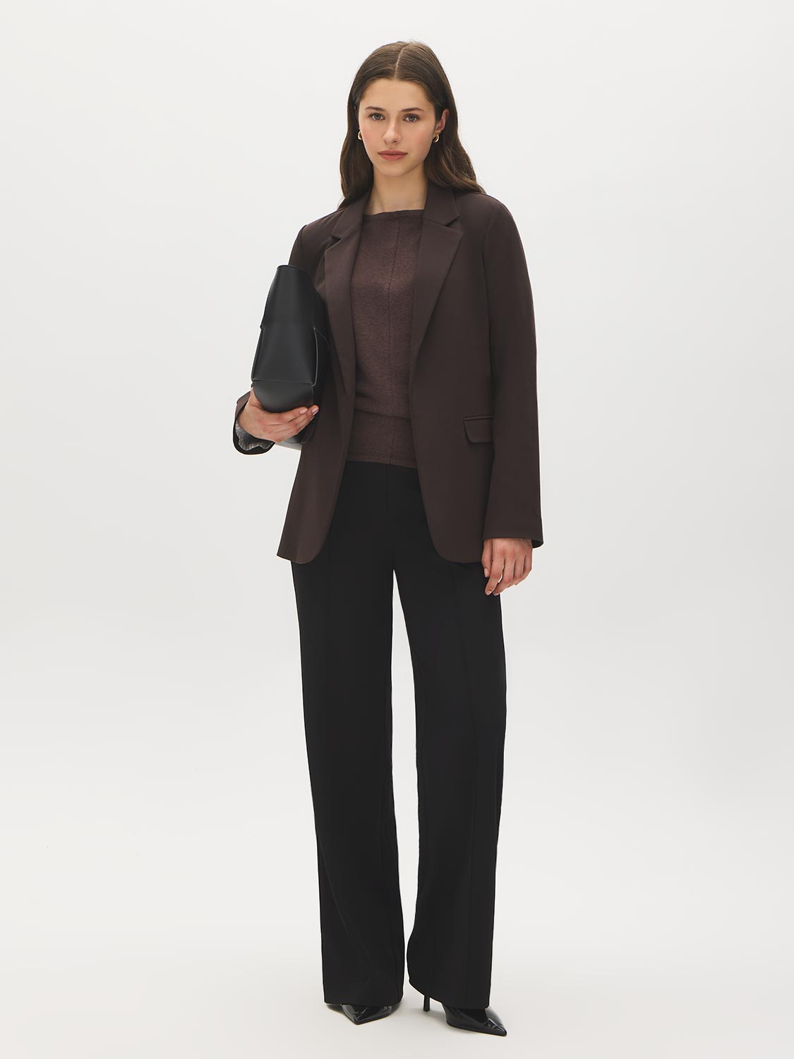 Dk Brown Open-Front Blazer with Stripe Cuff Detail - Woman Wearing Tailored Knit Blazer - Suzy Shier