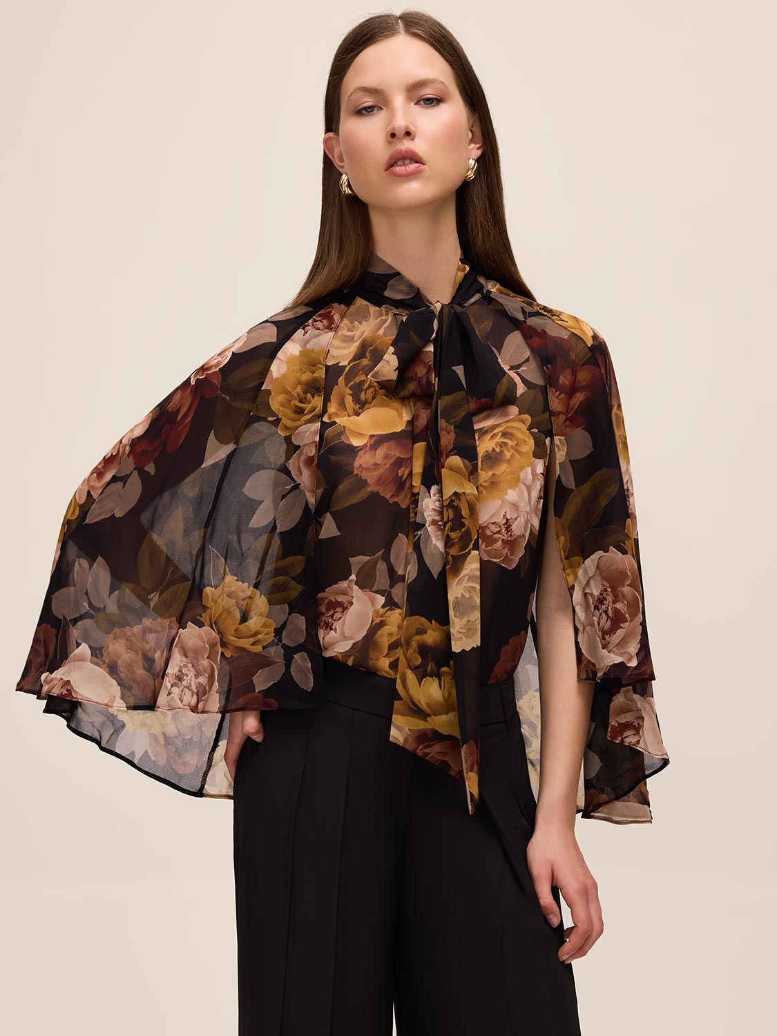 Dijon Print Floral Tie Neck Cape Top - Side Profile View - Le Chateau