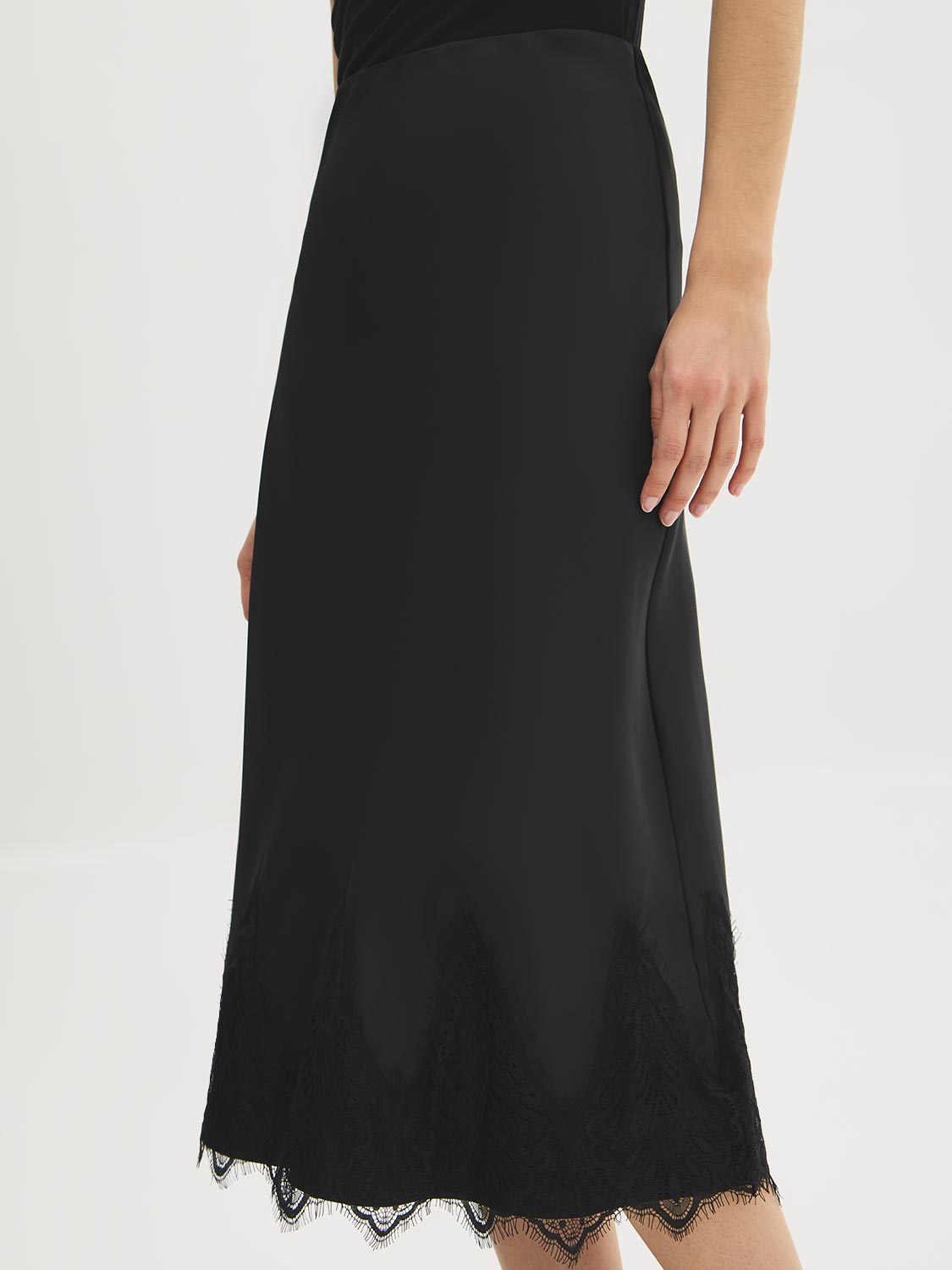 Black Lace Trim Satin Bias Column Skirt - Close-up Lace Hem Detail - Suzy Shier