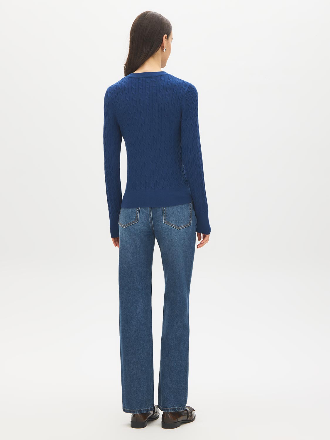 Estate Blue Cable Knit Button-Front Cardigan - Back View - Suzy Shier