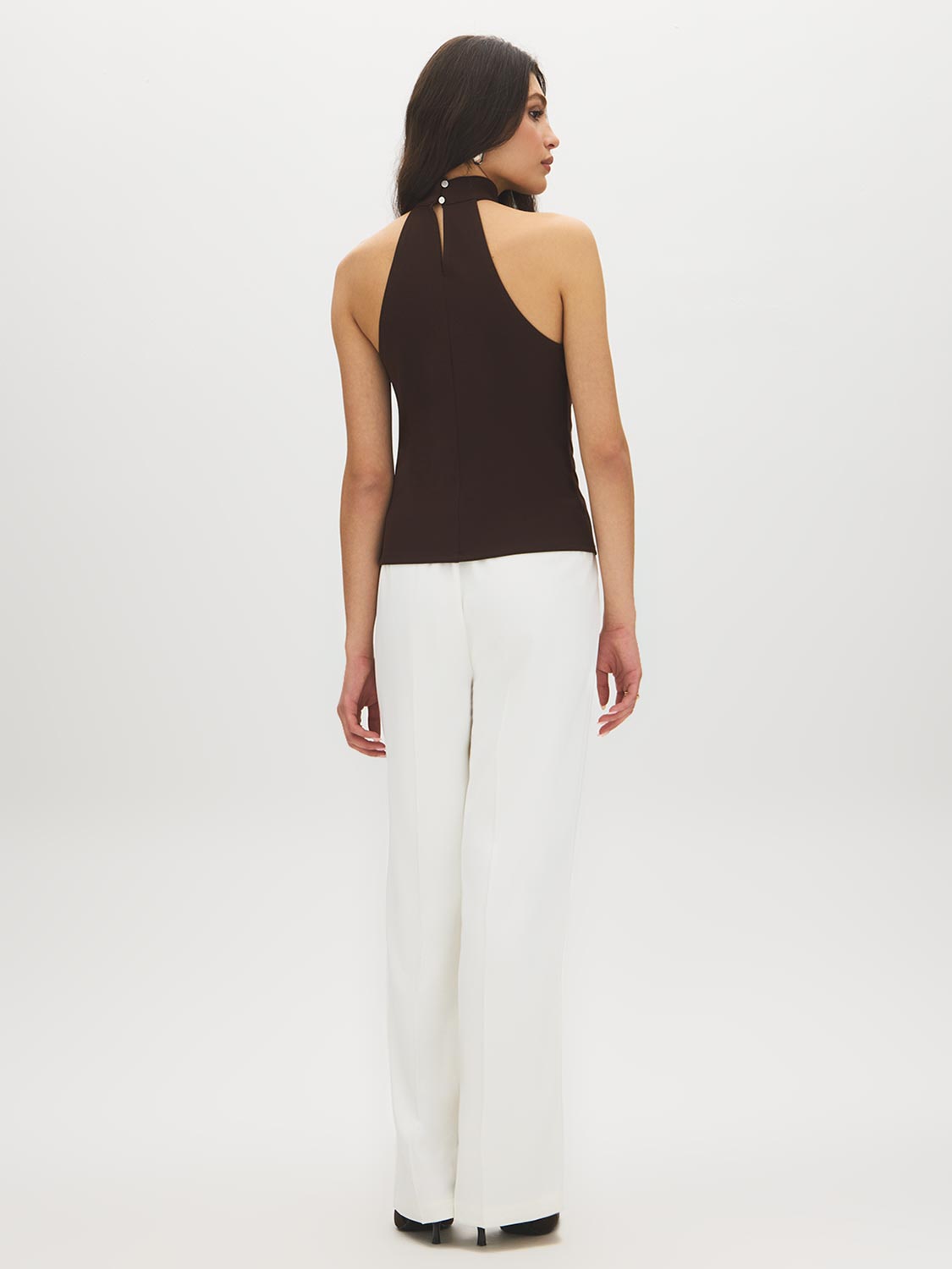 Coffee Bean Sleeveless Halter Mock Neck Top - Back View - Suzy Shier