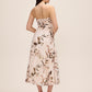 Brown/Antique Cream Leaf Print Strapless Midi Dress - Woman Wearing Pleated Strapless Dress - Le Chateau