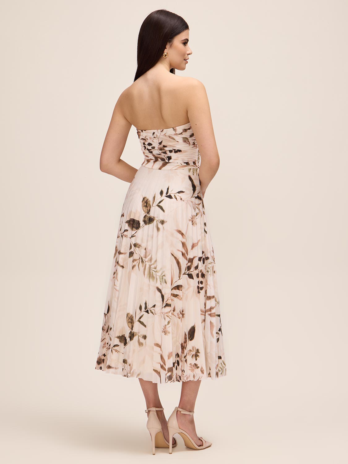 Brown/Antique Cream Leaf Print Strapless Midi Dress - Woman Wearing Pleated Strapless Dress - Le Chateau