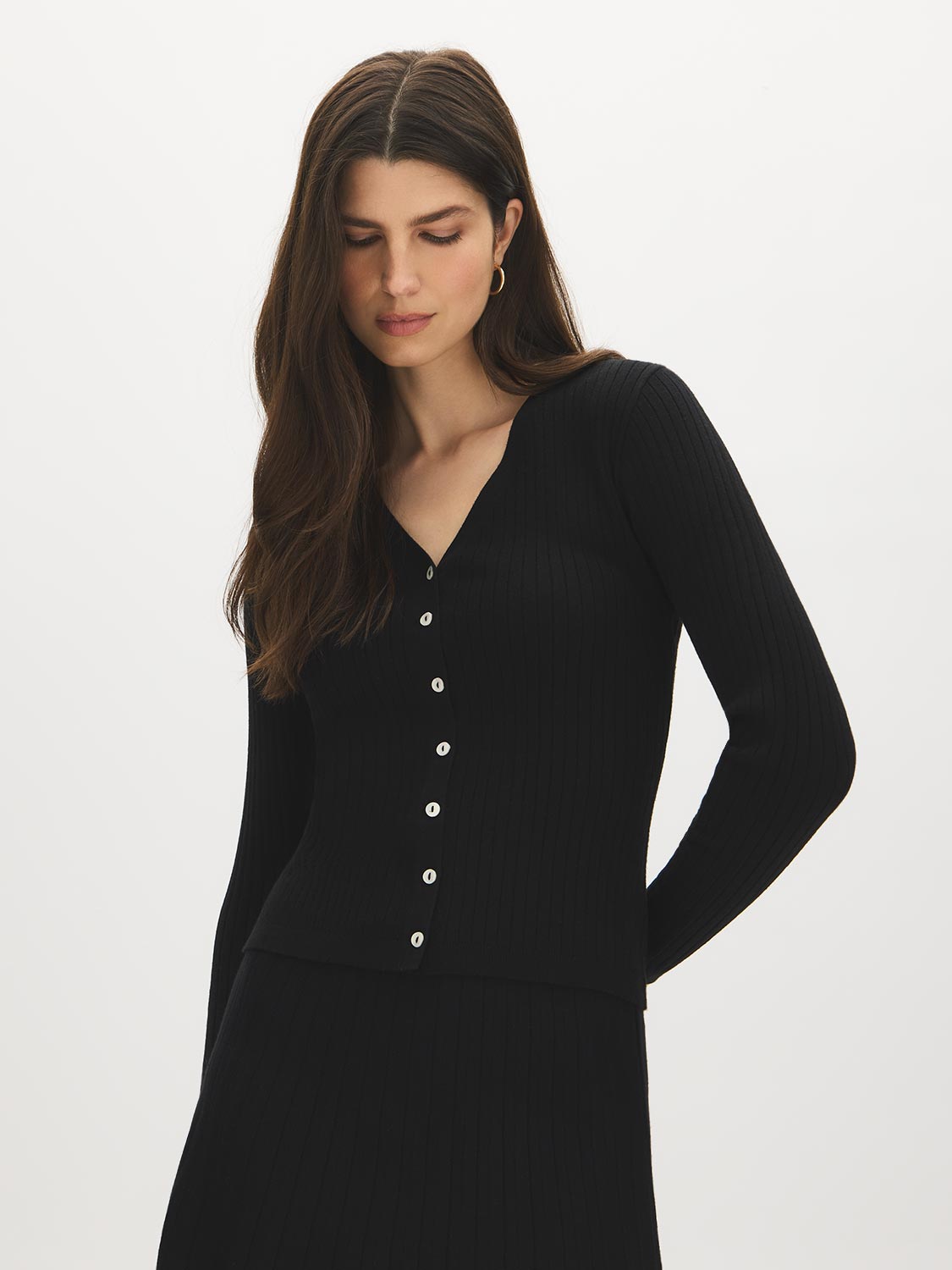 Black V-Neck Button Front Ribbed Cardigan - Side Profile View - Suzy Shier