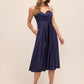 Dark Sapphire Satin Fit & Flare Dress - Woman Wearing Bustier Cowl Neck Evening Dress - Le Chateau