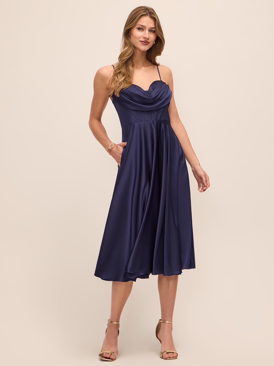 Dark Sapphire Satin Fit & Flare Dress - Woman Wearing Bustier Cowl Neck Evening Dress - Le Chateau