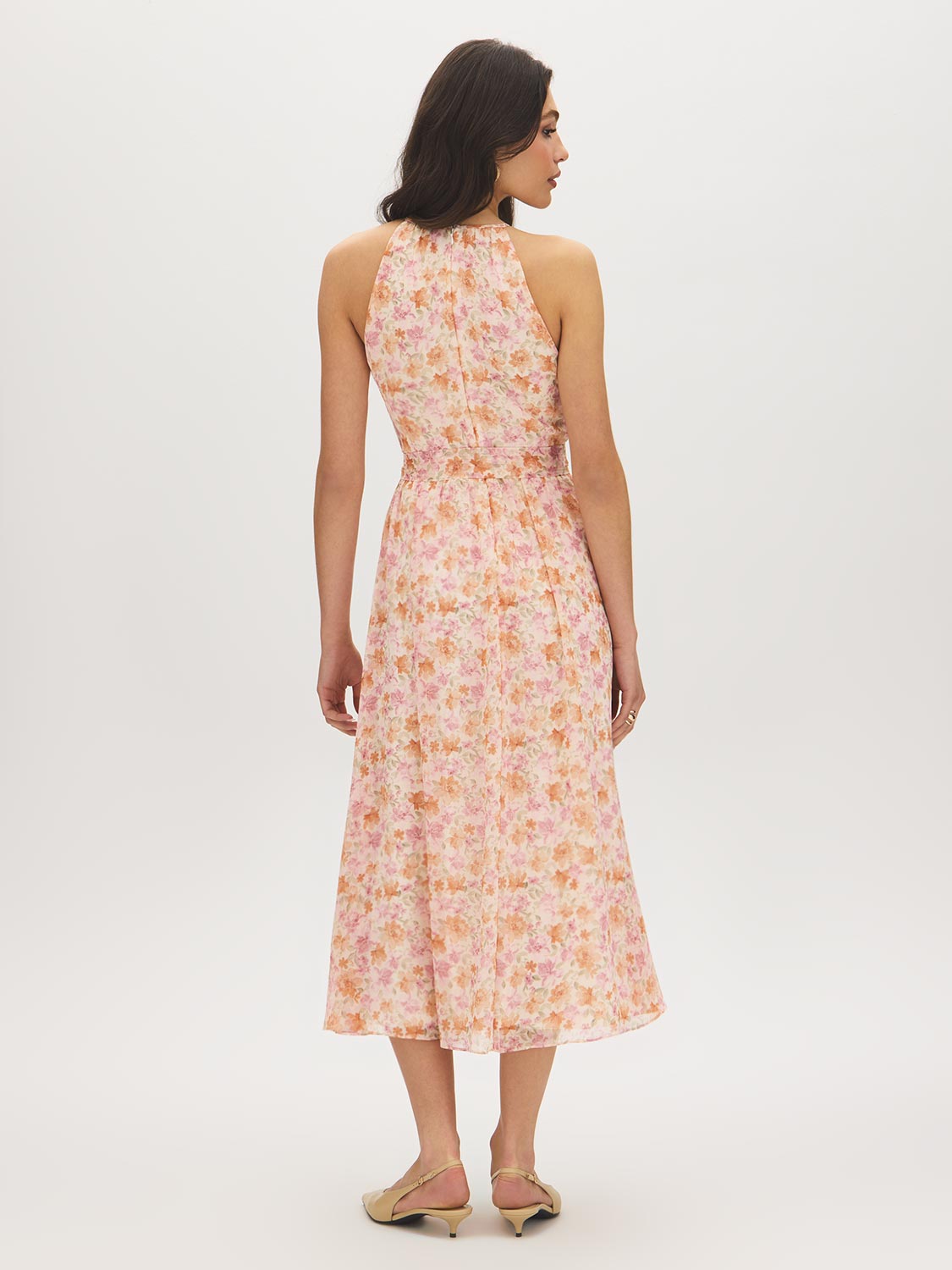 Peach Dust Floral Print Halter Midi Dress - Back View - Suzy Shier
