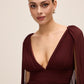 Bordeaux V-Neck Pleated Chiffon Gown - Close-up Neckline Detail - Le Chateau