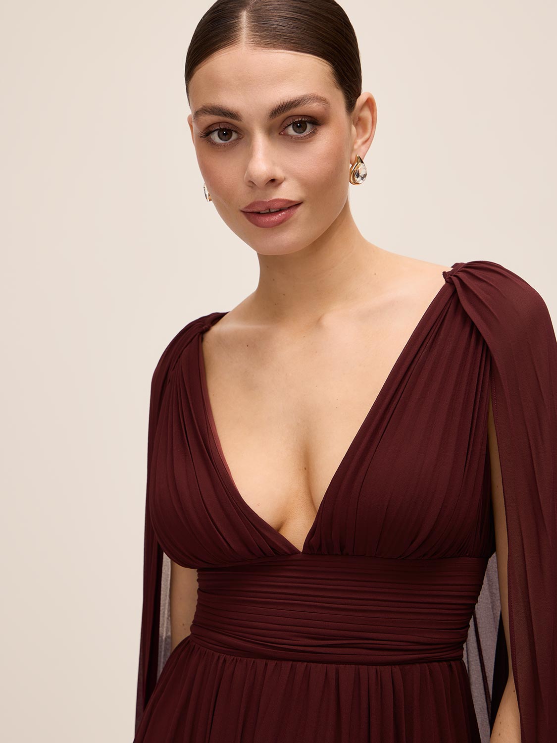 Bordeaux V-Neck Pleated Chiffon Gown - Close-up Neckline Detail - Le Chateau