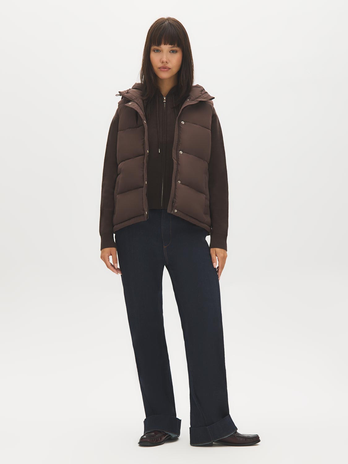 Brown Quilted Puffer Vest with Hood - Front View - Suzy Shier