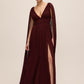 Bordeaux V-Neck Pleated Chiffon Gown - Woman Wearing Evening Dress with Detachable Cape - Le Chateau