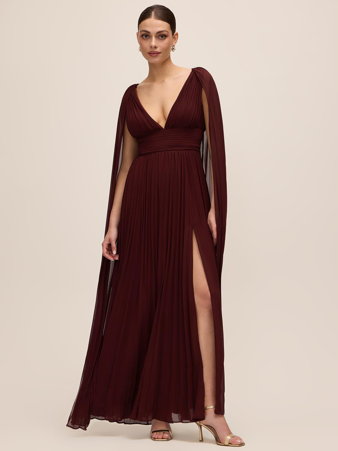 Bordeaux V-Neck Pleated Chiffon Gown - Woman Wearing Evening Dress with Detachable Cape - Le Chateau