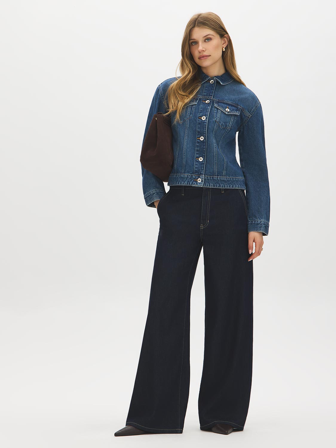 Dark Wash Drop Shoulder Denim Jacket - Front View - Suzy Shier