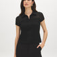 Black Mesh Yoke Johnny Collar Top - Woman Wearing Short Sleeve Top with Zipper - Suzy Shier