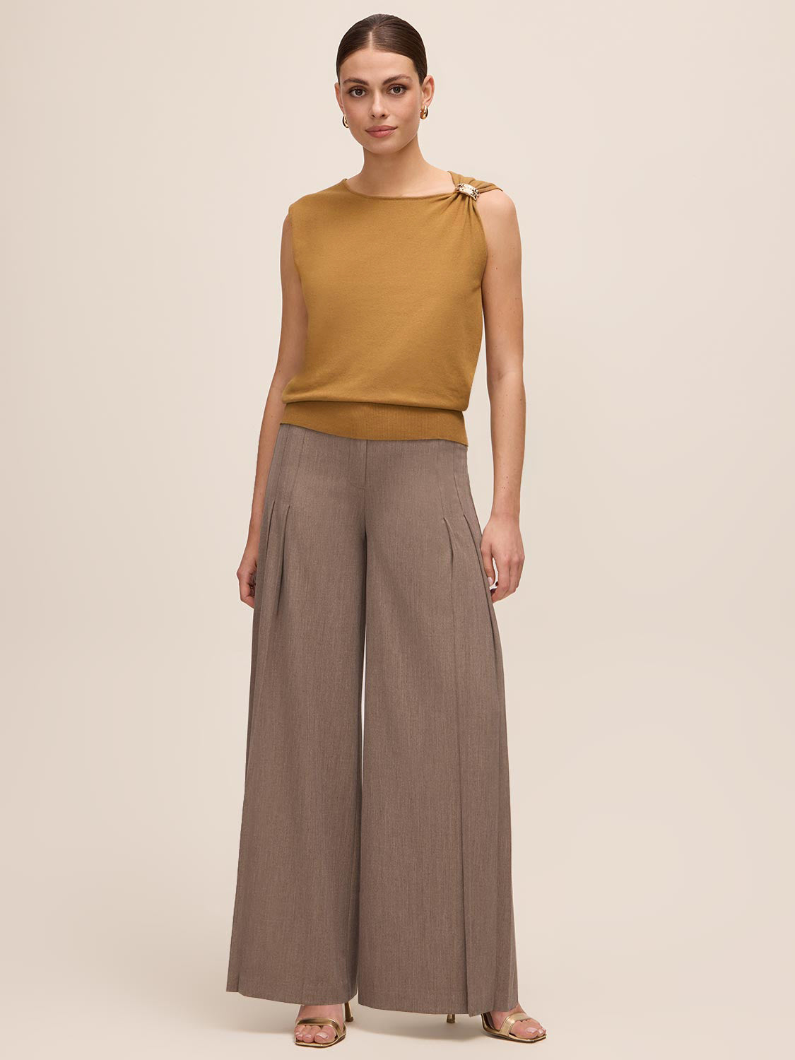 Oatmeal Mix Pleated Wide Leg Pants - Full Front View - Le Chateau
