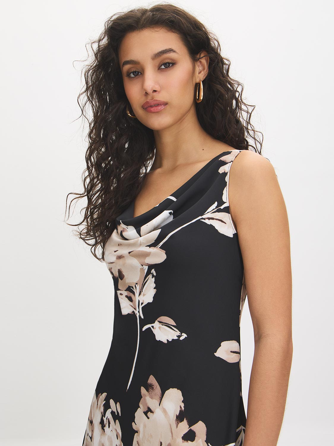 Black Floral Cowl Neck Satin Dress - Close-up Neckline Detail - Suzy Shier