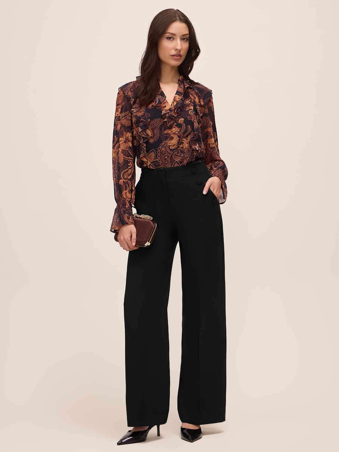 Black/Toffee Paisley Ruffle Blouse - Full Body View - Le Chateau